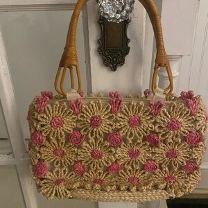 Pink and Tan Floral Woven Handbag